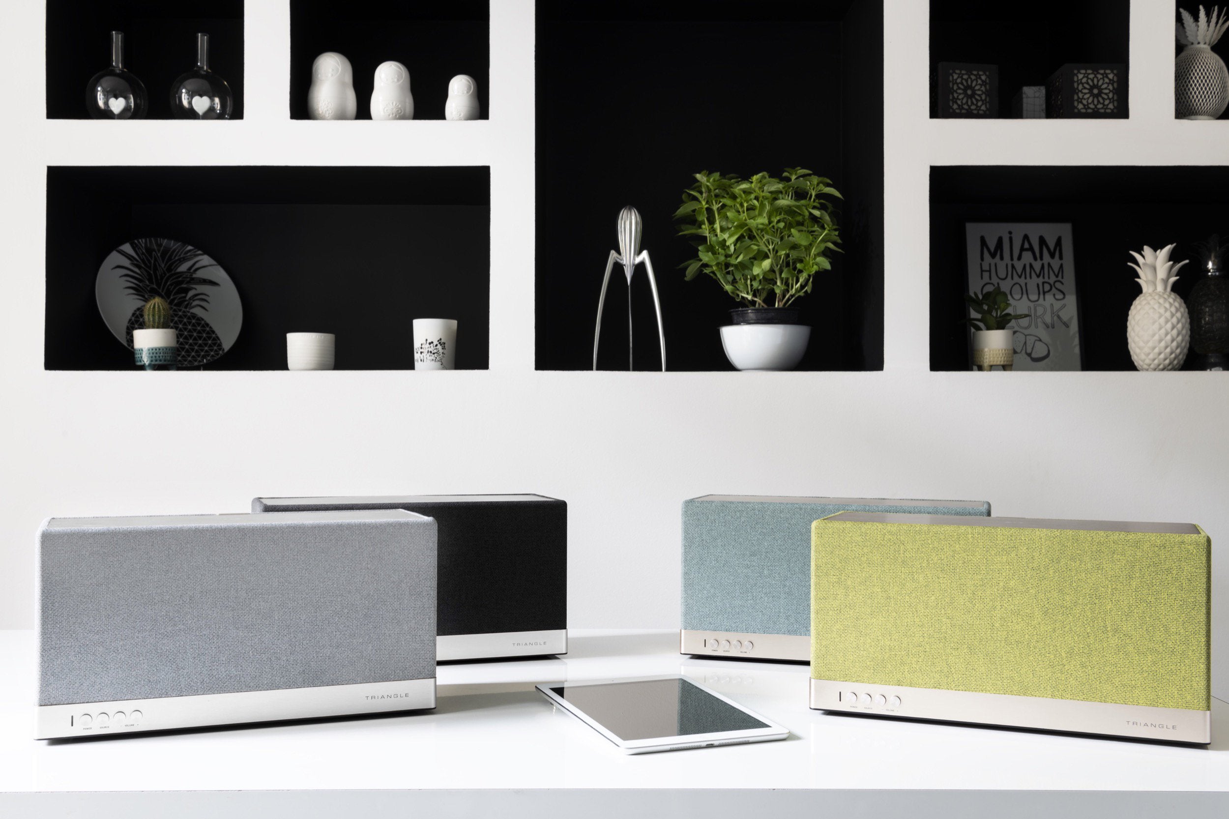 TRIANGLE AIO 3 bluetooth speaker. With the perfect blend of French craftsmanship and modern technology, you can enjoy AIO 3 high-resolution sound in every room and control everything with a dedicated app.
